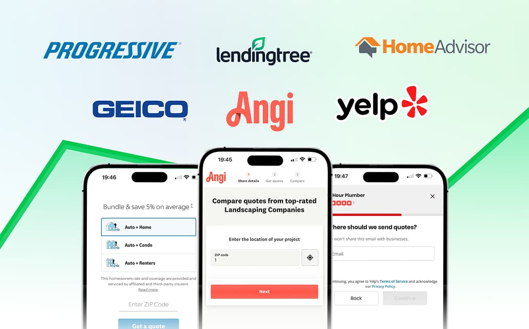 Example of big brands like Angie, LendingTree, Progressive using funnel forms to capture leads.