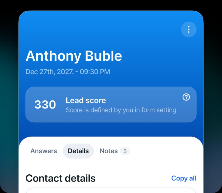 Example screenshot of Tapform dashboard with lead contact data.