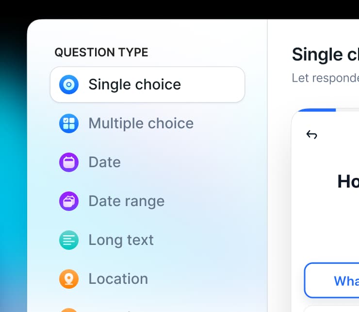 Tapform form builder question type selector modal.