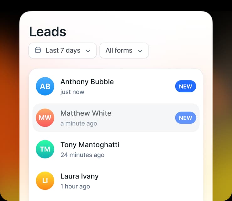 Example screenshot of Tapform dashboard with all leads.