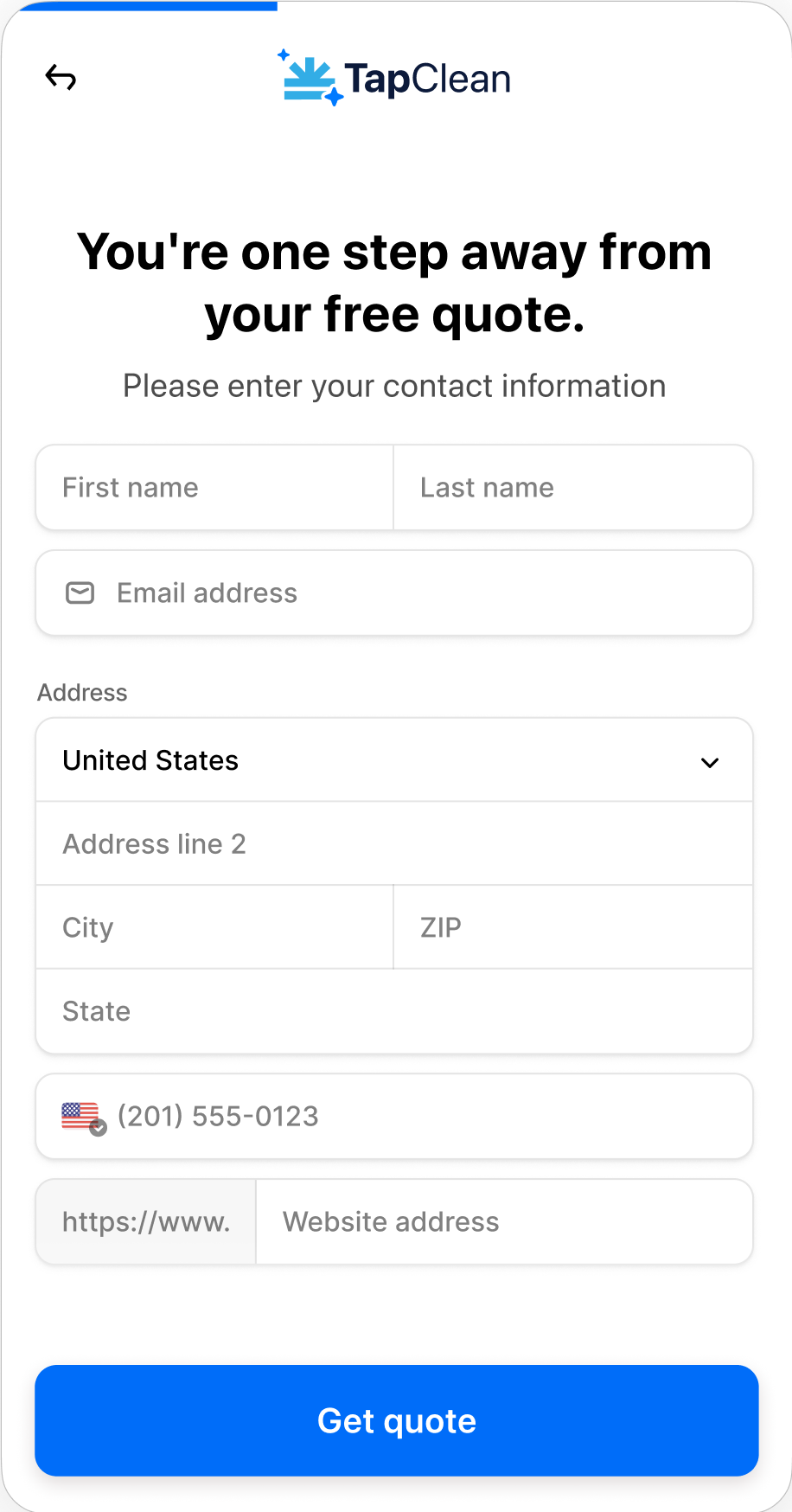 Screenshot of Tapform lead capture form last contact step.