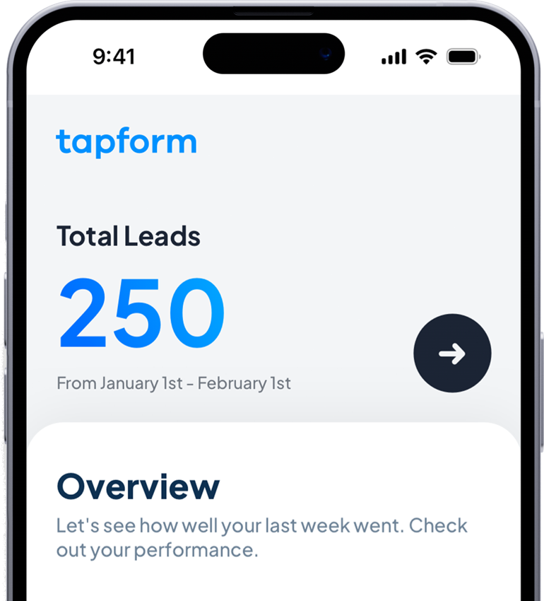 Picture of mobile device displaying Tapform app statistics on dashboard screen