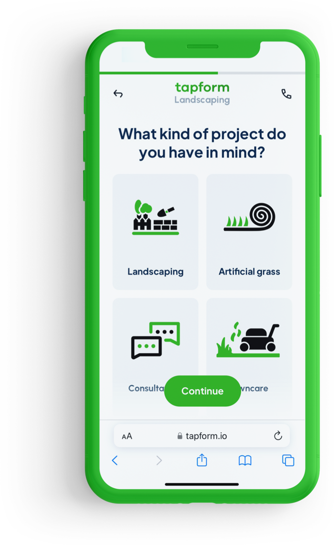 Picture of mobile device showing Tapform lead generating form for landscaping business