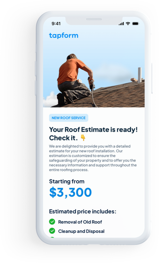 Mobile device screenshot of Tapform form submission result screen with instant estimate price displayed